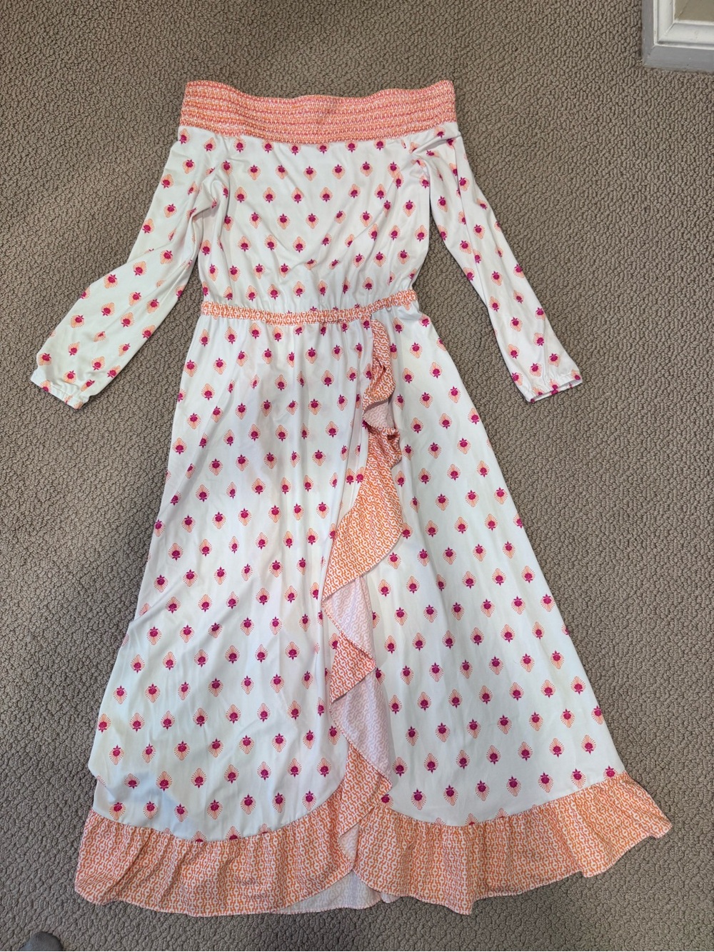 Cabana Life White Maxi Dress with Pink Floral Print and Peach Trimmed Ruffle